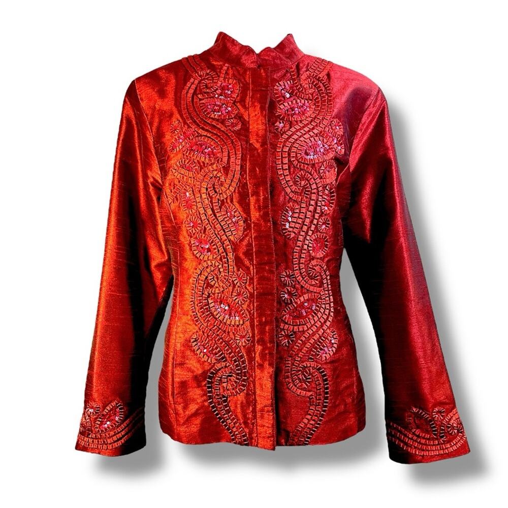 CHICOS Red Silky Top or Jacket with Bead & Appliqué Embellished Accents SZ 2